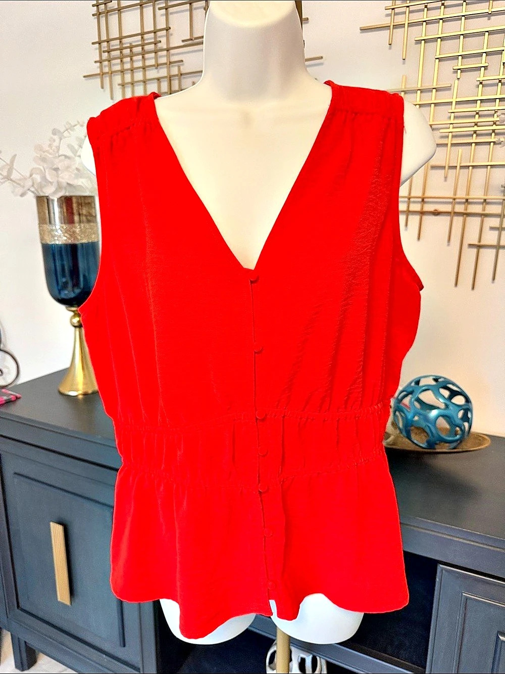 Nine West Red Sleeveless Peplum Blouse Size Large Like New